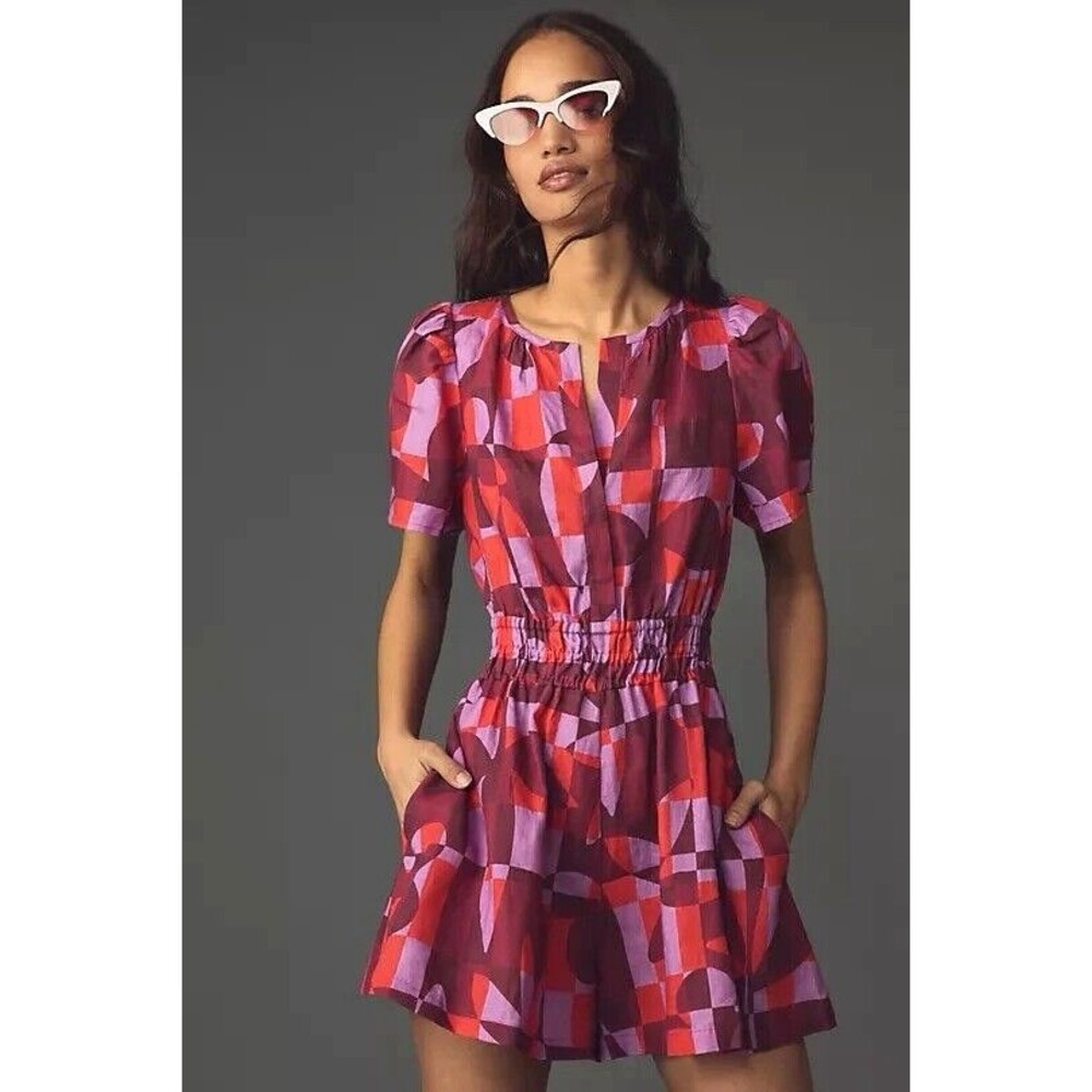 Anthropologie The Somerset Romper Linen Edition Red Geometric MP Spring Summer